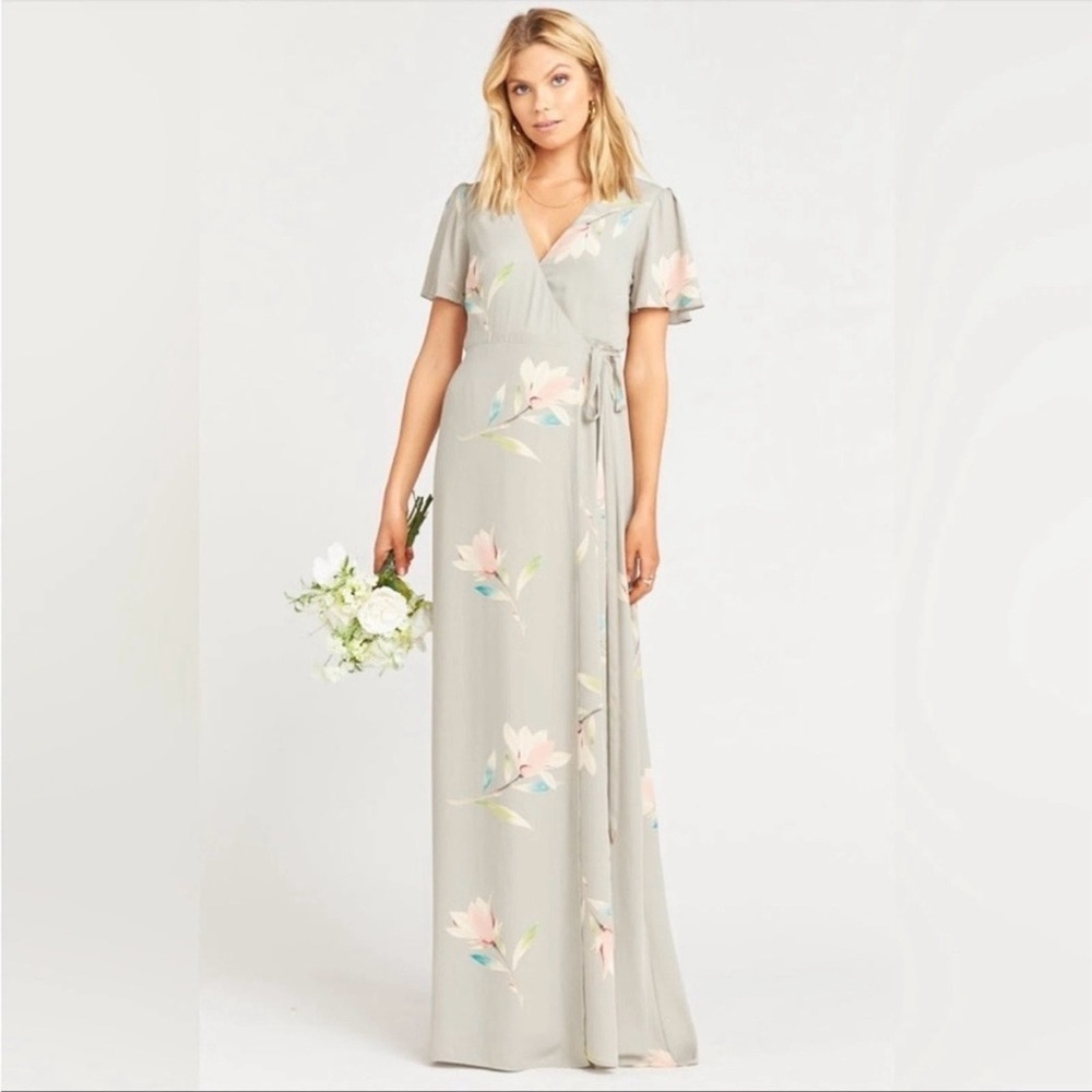 Show Me Your Mumu Noelle Lily Showers True Wrap Sz XS Dress Gray Flutter Sleeves